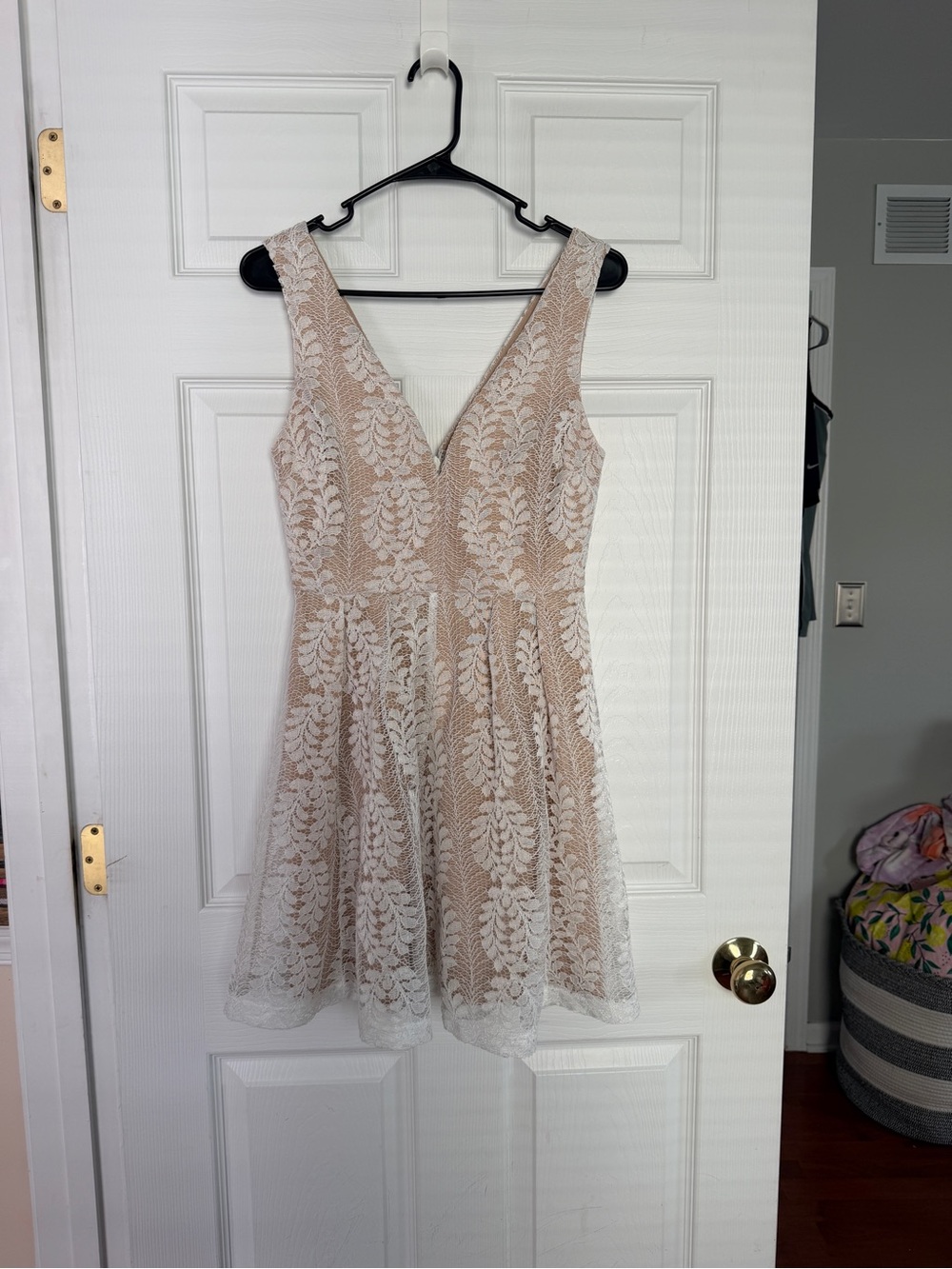 Lulu's White Lace A-Line Mini Dress with Nude Lining